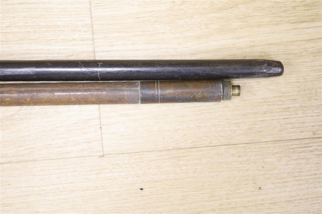 Victorian bamboo measuring stick and an Irish bog oak walking stick, longest 90cm